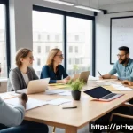 Home 20 UX 라이팅을 위한 피드백 세션 운영법 - A modern office meeting room with a diverse team of UX writers and designers gathered around a large...