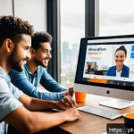 Home 19 UX 라이팅에서의 행동 유도 문구 작성법 - A vibrant digital marketing workspace scene focused on a sleek computer screen displaying a high-con...
