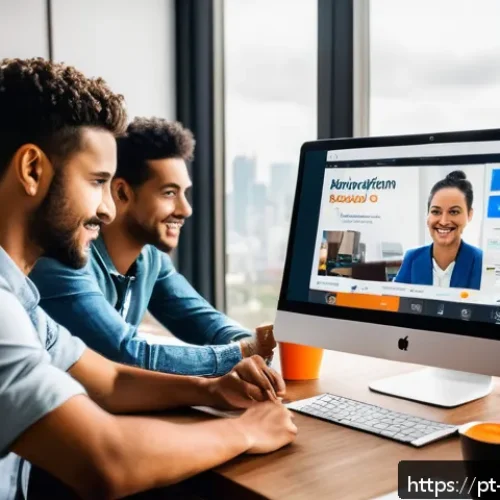Home 31 UX 라이팅에서의 행동 유도 문구 작성법 - A vibrant digital marketing workspace scene focused on a sleek computer screen displaying a high-con...