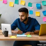 Home 23 UX 라이팅에서의 문장 길이 최적화 전략 - A modern digital workspace scene showing a Brazilian content writer sitting at a desk with a laptop,...