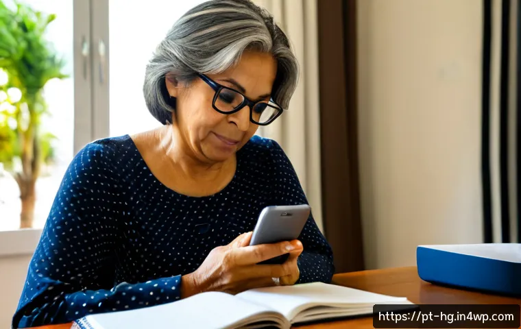 Home 17 UX 라이팅에서의 실수 사례 및 교훈 - Photorealistic over-the-shoulder view of a Brazilian woman in her 50s using a smartphone at a tidy h...